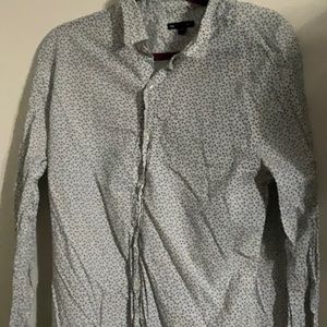 Gap Button Up Shirt Mens Large White Blue Long Sleeve Standard Fit Stretch
